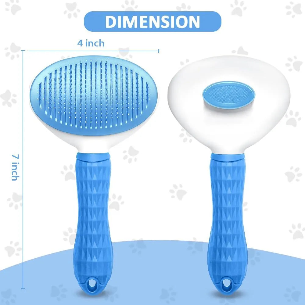 Blue cat grooming brush with a release button and fine wire bristles for removing loose fur.