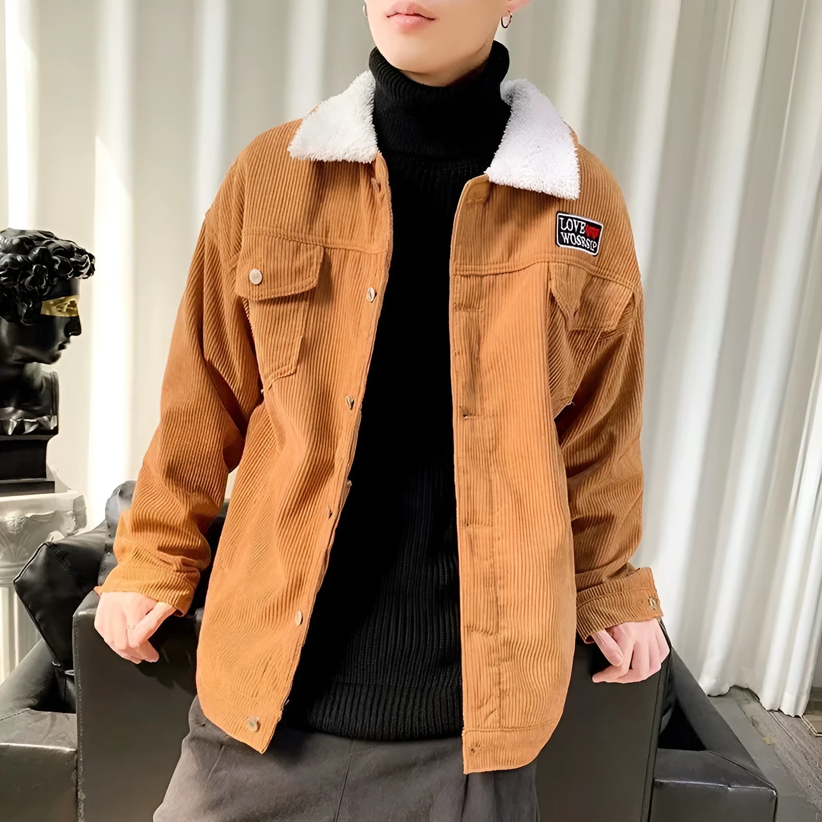 Men's loose-fit corduroy workwear jacket in khaki, shown with side stick pockets.