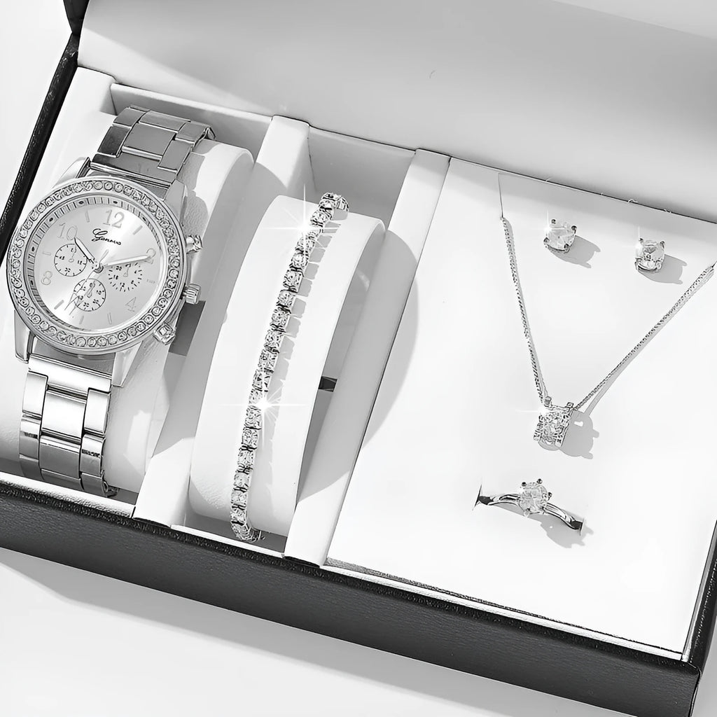 Women's casual quartz watch suit with 36mm dial, 8mm alloy watchcase, bracelet, earrings, necklace, and ring in silver, rose gold, or gold