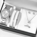 Women's casual quartz watch suit with 36mm dial, 8mm alloy watchcase, bracelet, earrings, necklace, and ring in silver, rose gold, or gold
