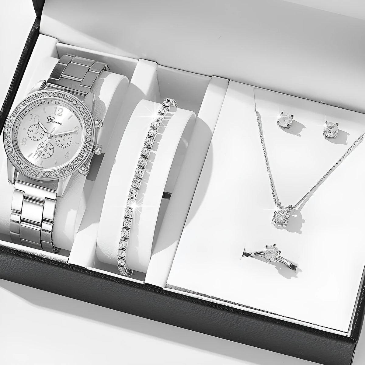 Women's casual quartz watch suit with 36mm dial, 8mm alloy watchcase, bracelet, earrings, necklace, and ring in silver, rose gold, or gold