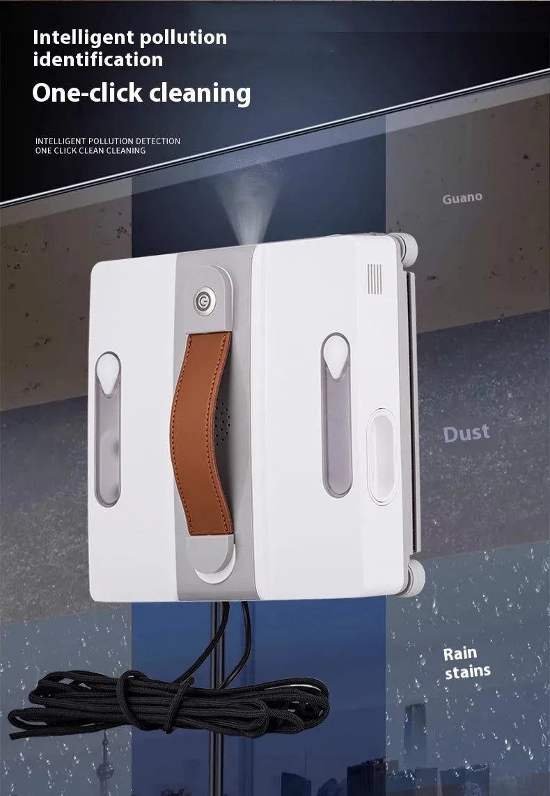 White intelligent window cleaning robot for high-rise buildings with voice and app control options.