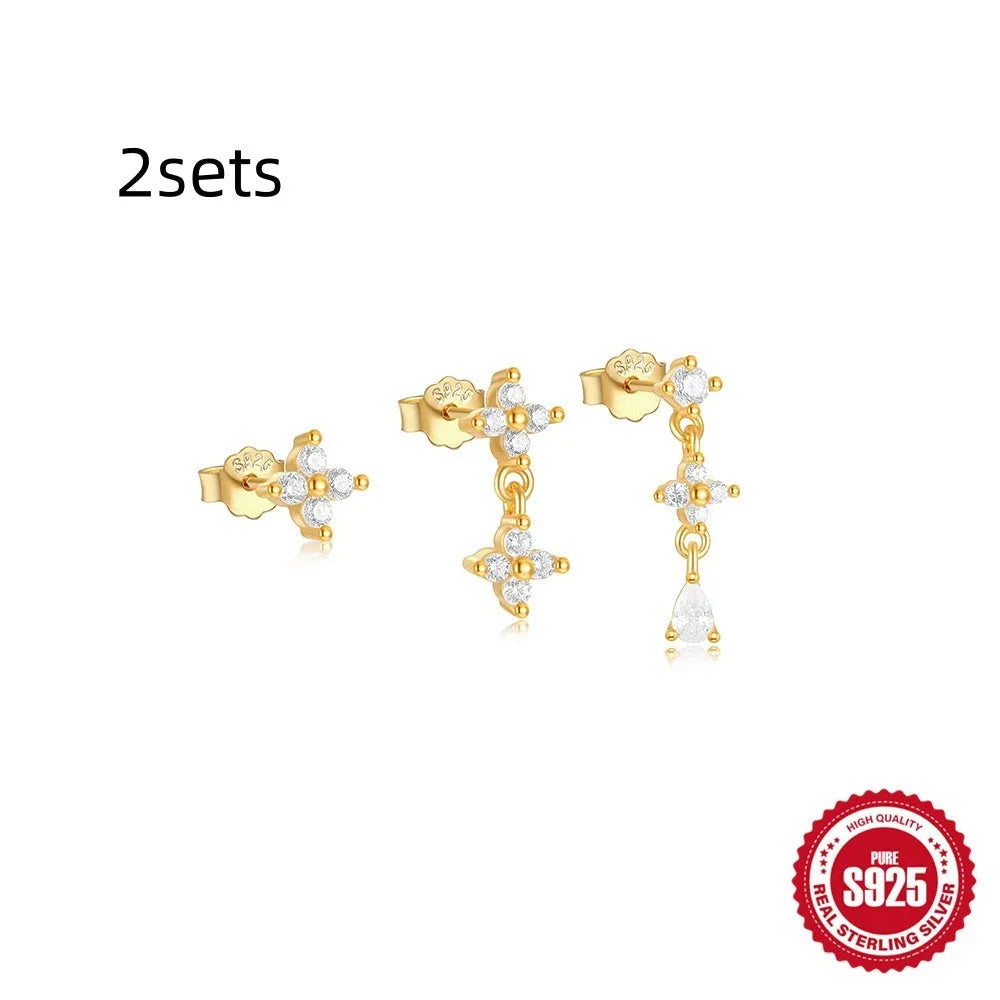 S925 sterling silver geometric zircon tassel earring set in four colour variants