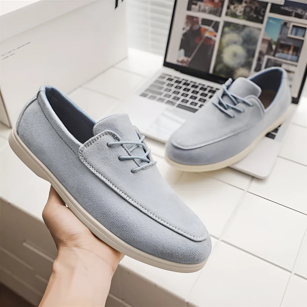 Men's suede slip-on loafers with elastic band, mesh lining, rubber vulcanized sole, low flat heel, solid colour, sizes 39-45