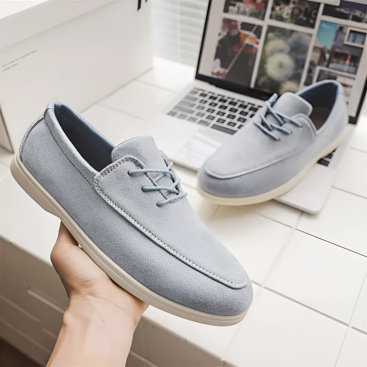 Men's suede slip-on loafers with elastic band, mesh lining, rubber vulcanized sole, low flat heel, solid colour, sizes 39-45