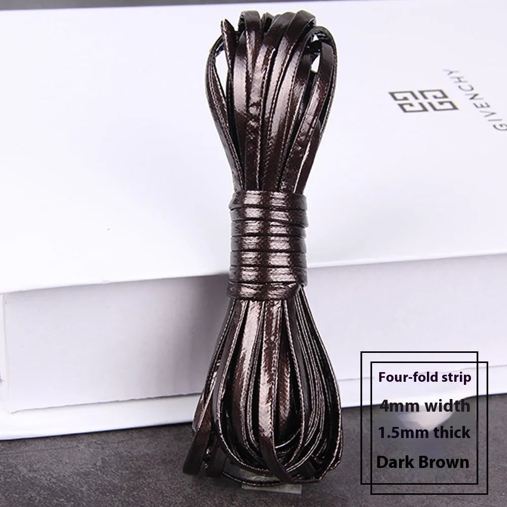 Coils of woven PU leather craft cord in various colours including black, brown, blue, red, and gold.