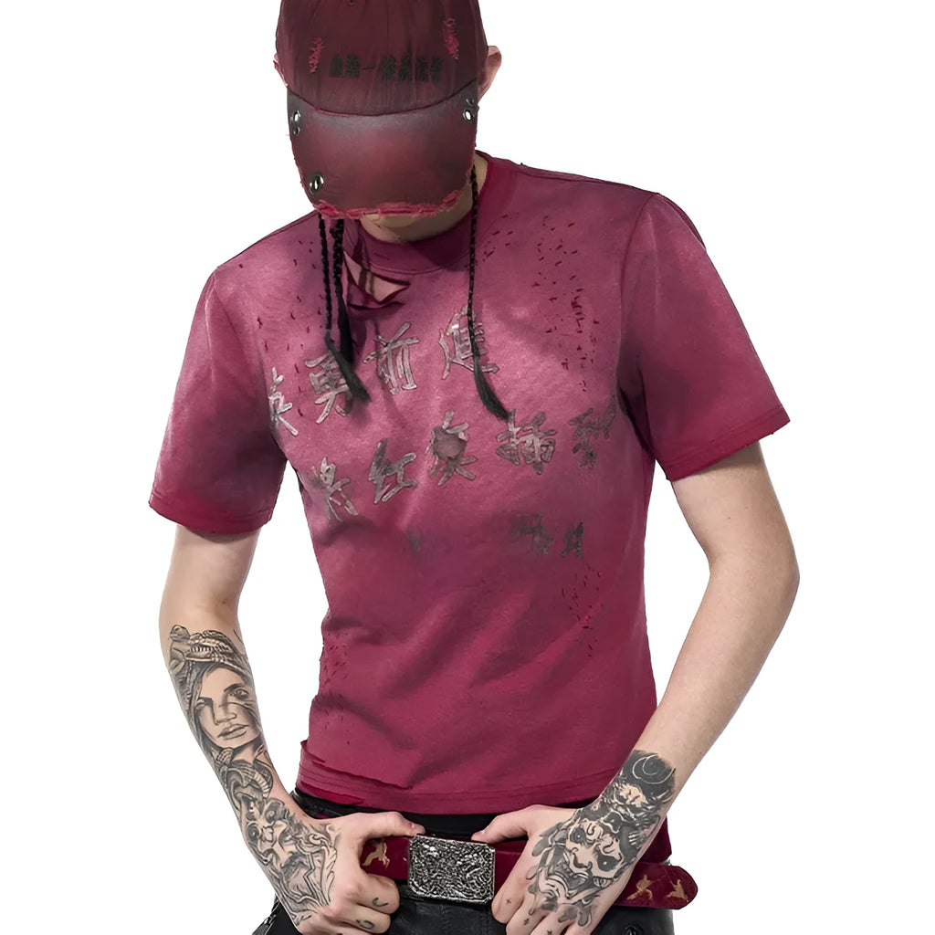 A red men's slim-fit T-shirt with a distressed wash finish and a round neck.