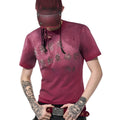 A red men's slim-fit T-shirt with a distressed wash finish and a round neck.