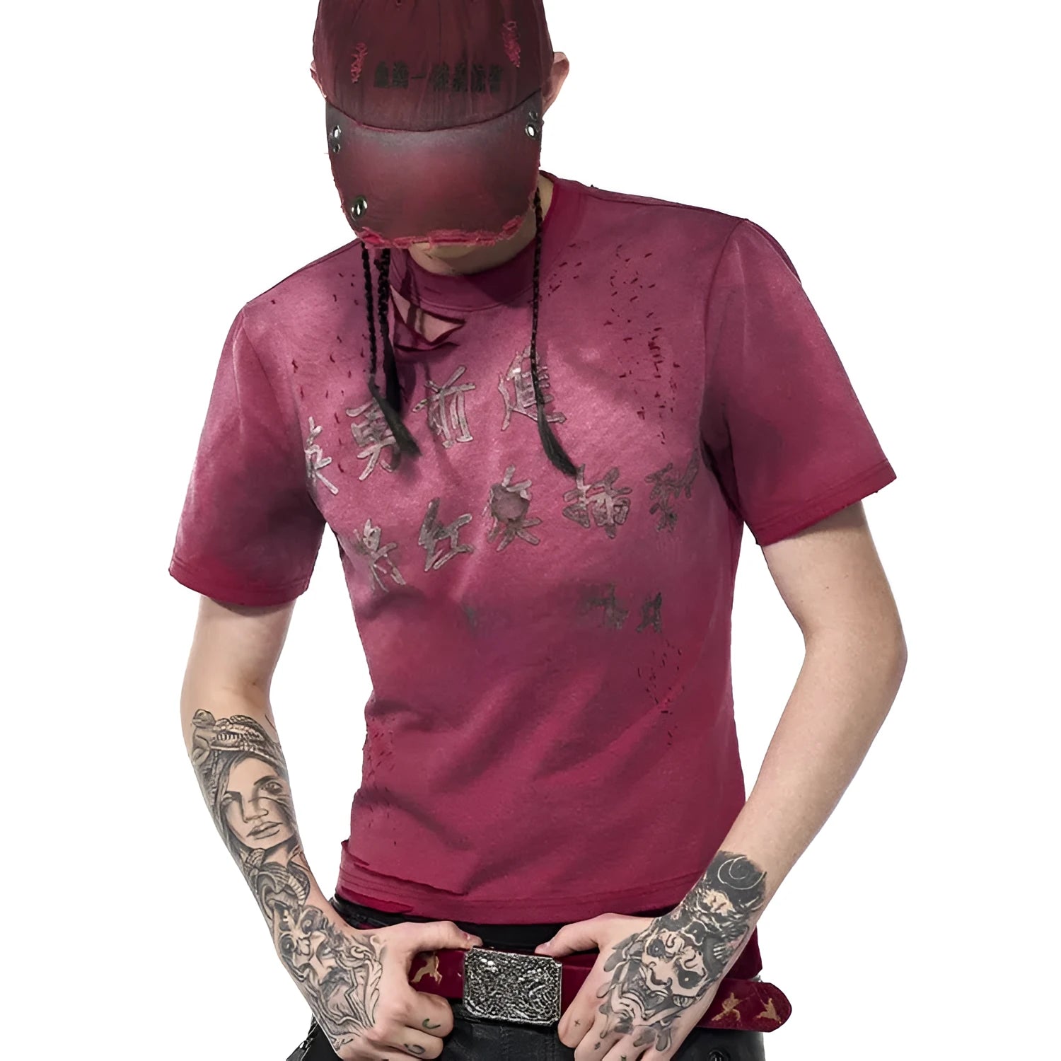 A red men's slim-fit T-shirt with a distressed wash finish and a round neck.