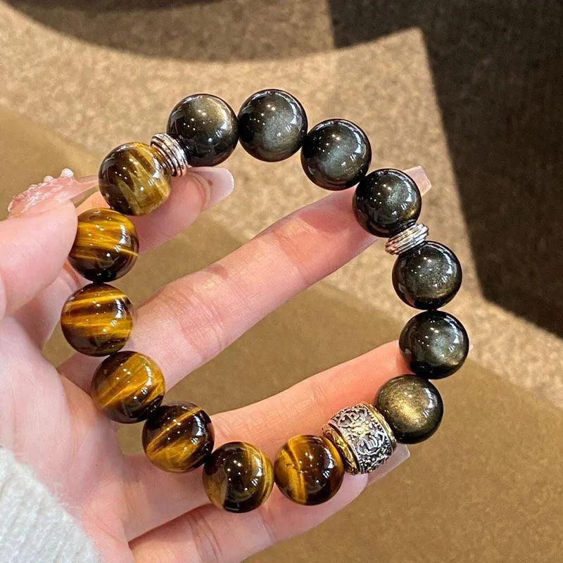Women's tigereye silver stone double bracelet with gold inlay and U-shaped design