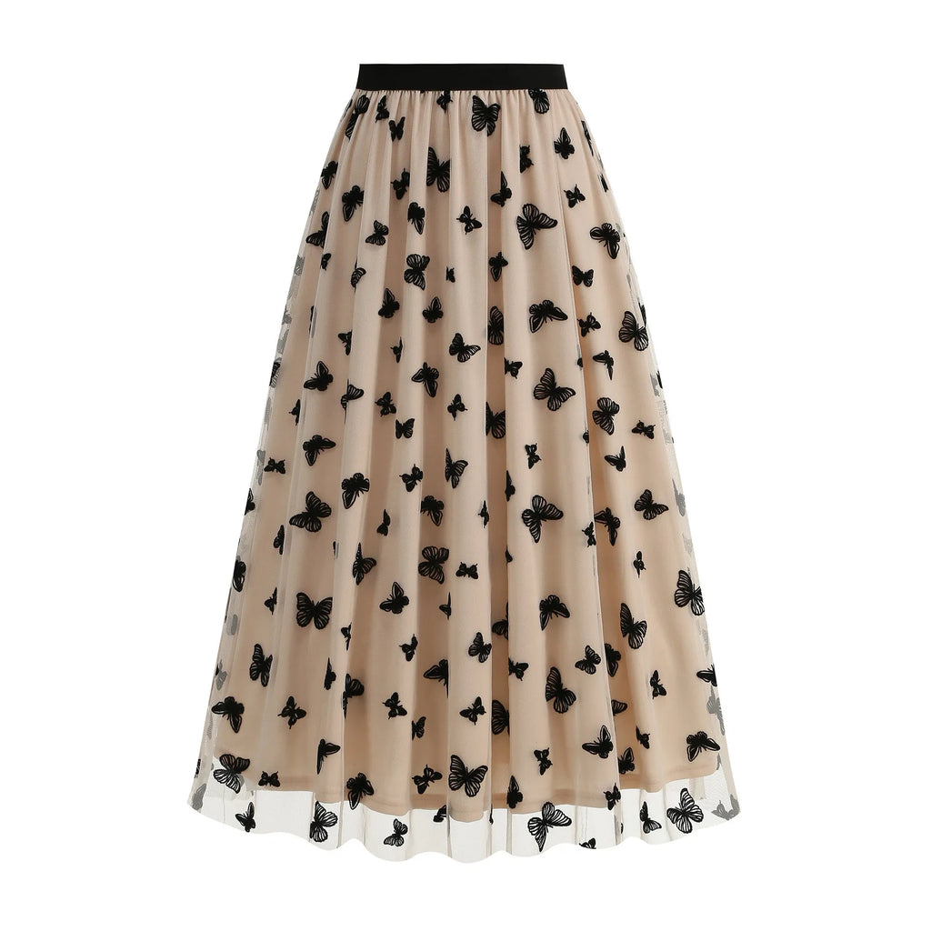 High waist mesh big hem skirt for women with butterfly embroidery in khaki colour