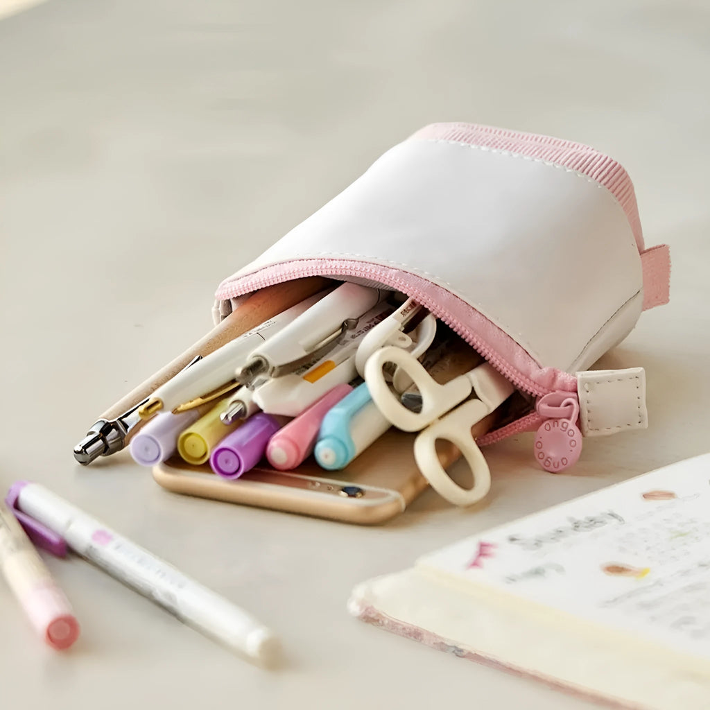 Korean style telescopic drop-down stationery case in purple PU corduroy.