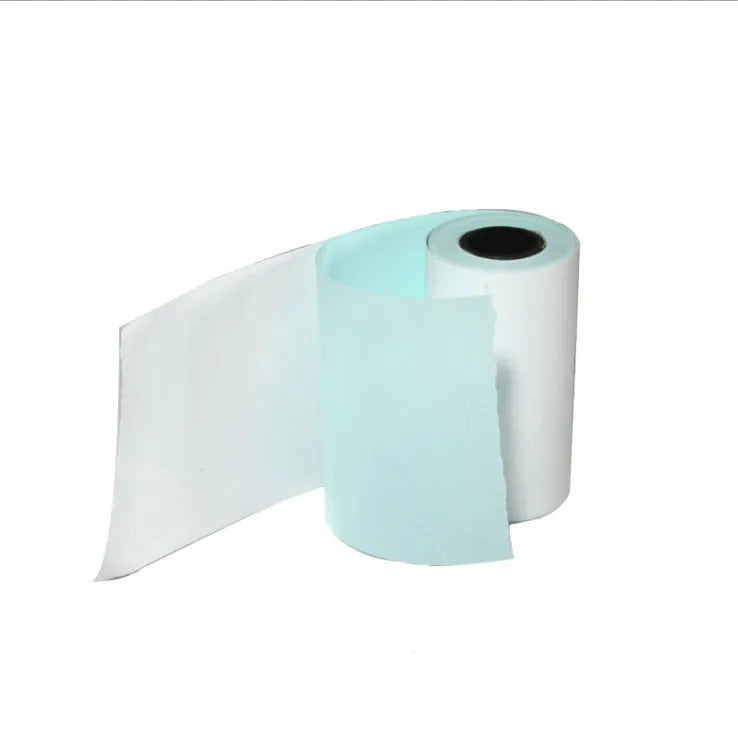 Bluetooth mobile mini thermal printer in pink with paper rolls and USB cable