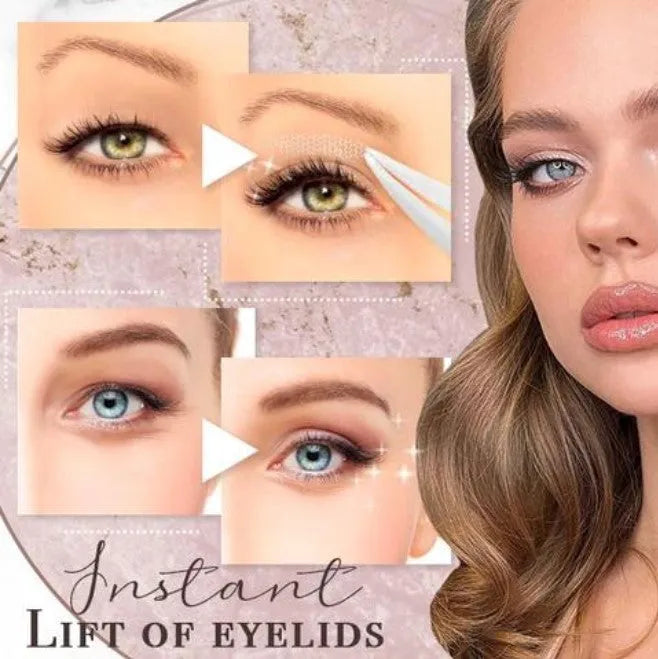 Box of no glue eyelid stickers in three sizes L, M, S on a non-woven fabric strip.