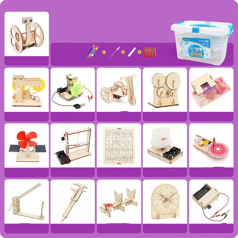 Physical science and technology small production kit with 16 wooden pieces, paint, screwdriver, glue and batteries for kids aged 7-14