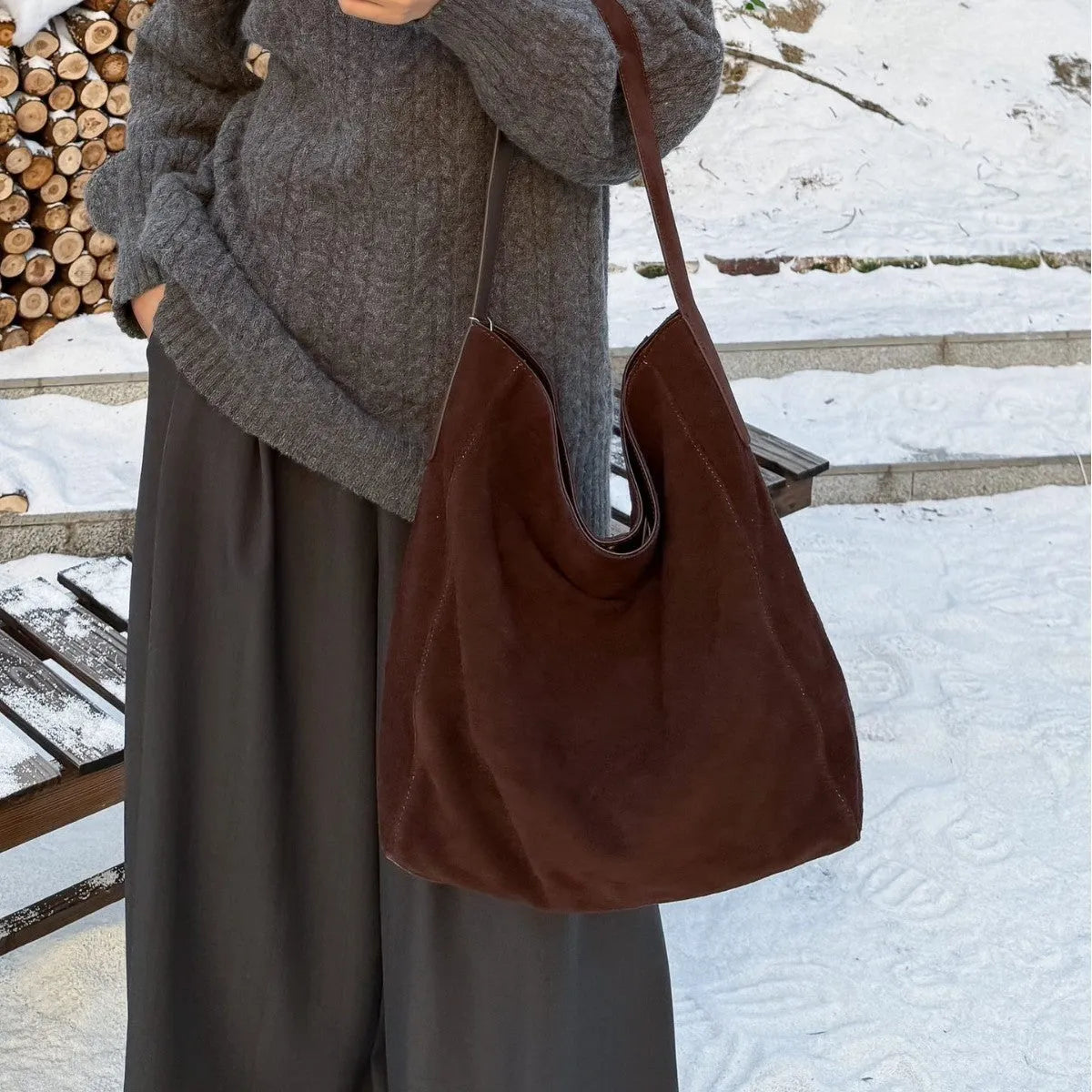 Women's minimalist loose suede shoulder bag in bucket shape, genuine leather, retro European style, 33x10x37cm