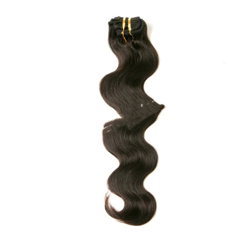 Seven-piece clip-in real human hair extension set in 16-24 inch lengths with clips and headgear
