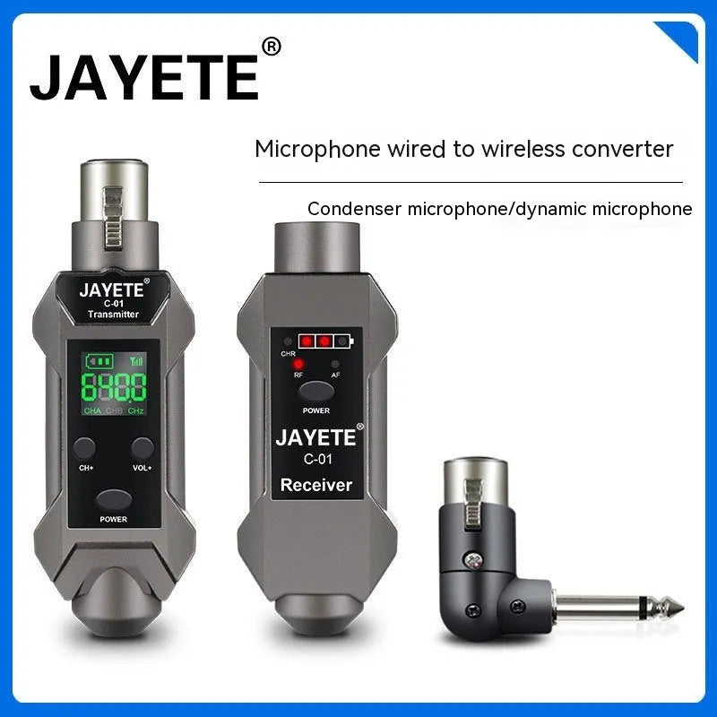 Moving coil microphone converter wireless transmission receiver set with transmitter, receiver, converter head, and charging cable