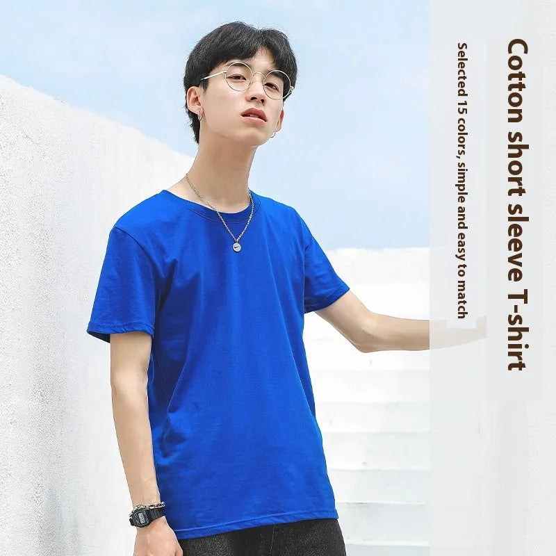 Men's solid colour cotton T-shirt on a hanger, showing round neck and short sleeve design.