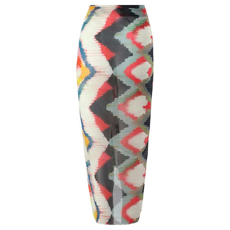 Women's two-piece swimsuit set with matching hip skirt in printed pattern
