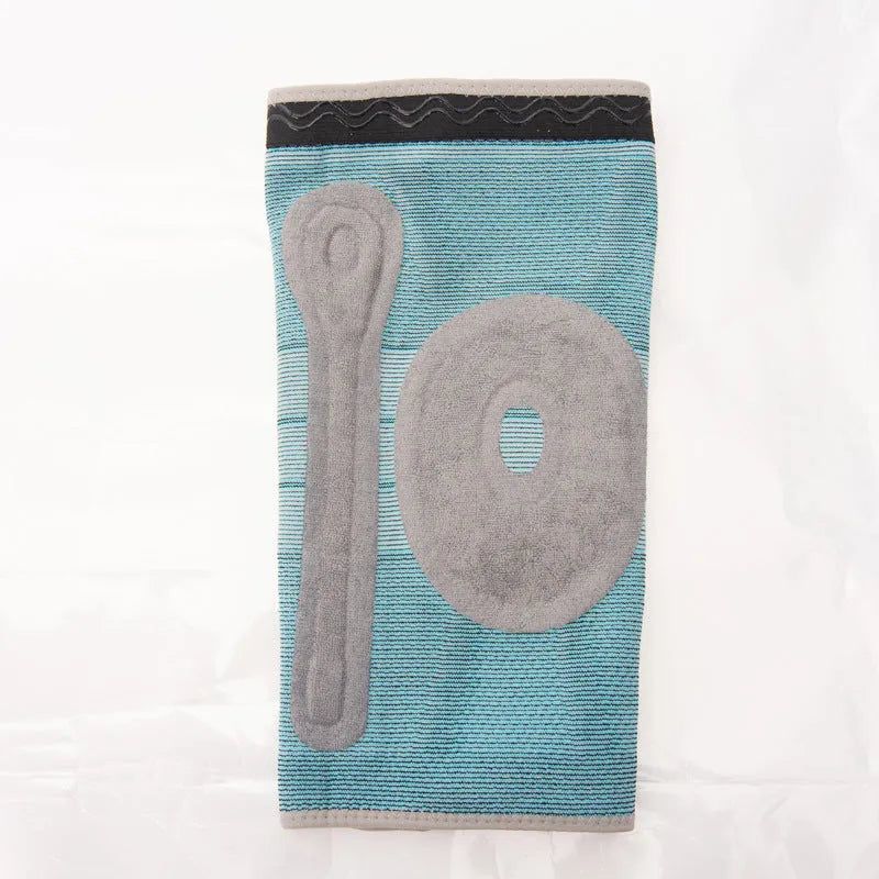 Sky blue silicone grip knee pad for sports, shown in elastic fibre material.