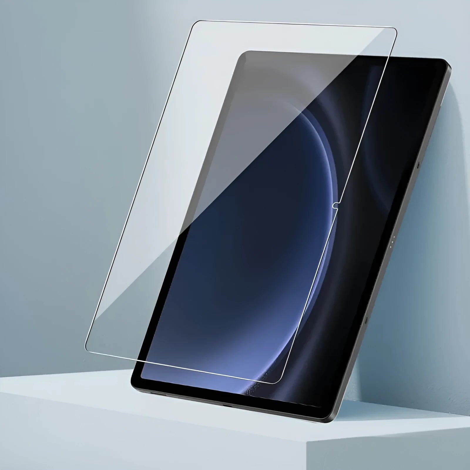 Samsung Galaxy tablet with HD tempered glass screen protector showing clarity and full coverage.