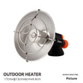 Black and orange portable outdoor heating stove with automatic ignition on a surface.