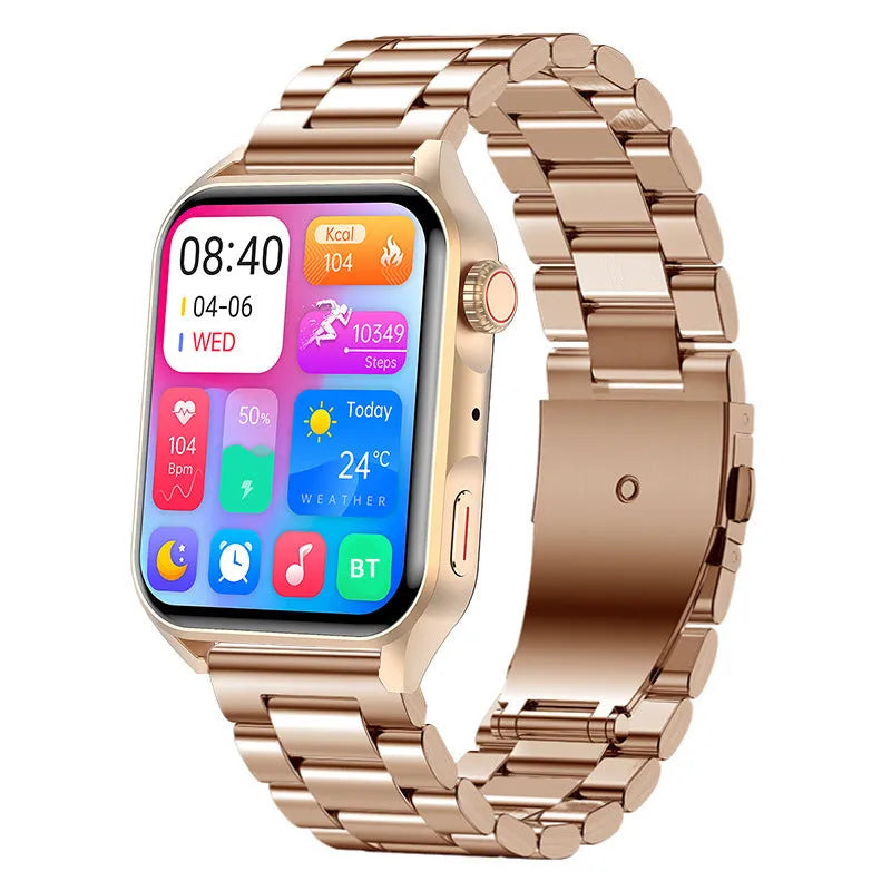 Pink smart watch with a 1.8-inch AMOLED screen and silicone strap on a wrist