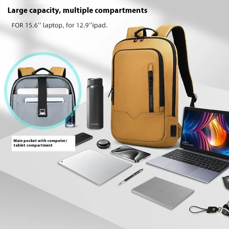 Lightweight solid colour polyester backpack with USB charging port for a laptop.