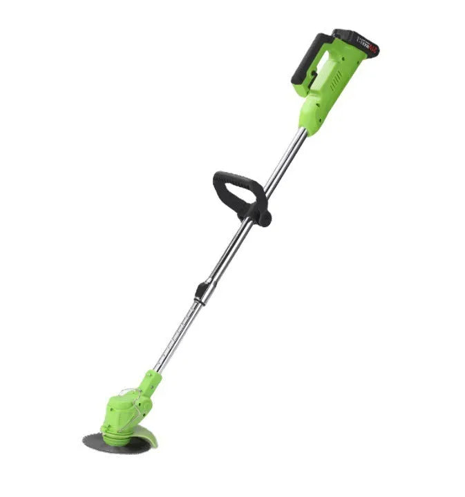 Cordless electric lawn mower with stainless steel telescopic tube on grass