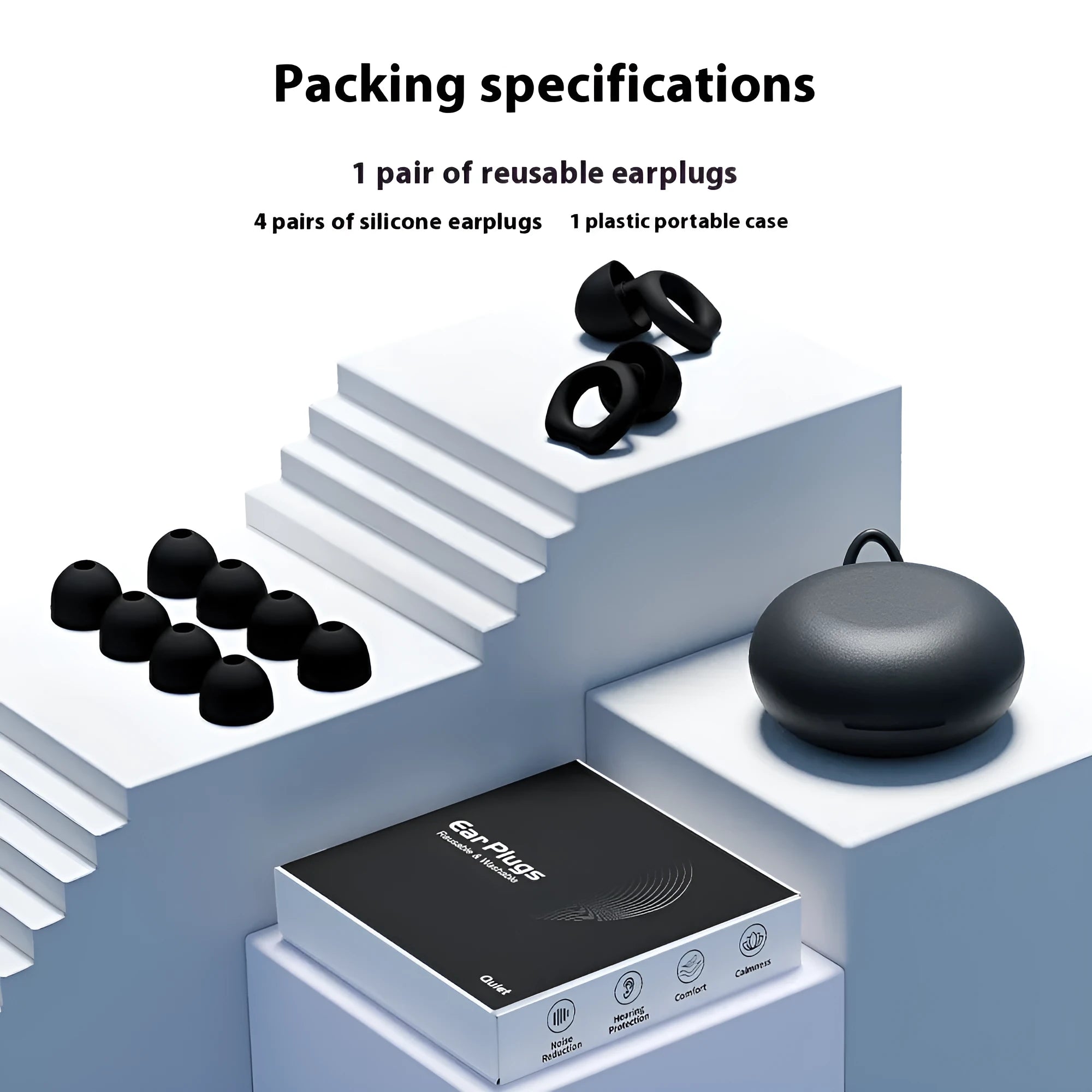 A pair of silicone soundproof earplugs in one of five available colours: black, blue, green, purple, or white.