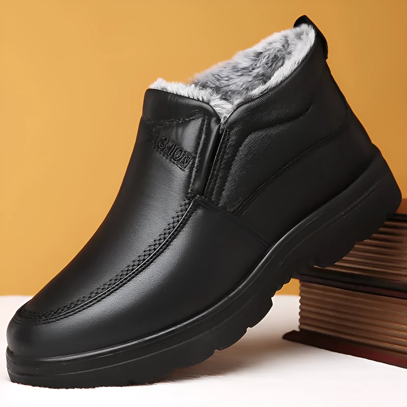 Men's black winter slip-on shoes with fleece lining and rubber sole