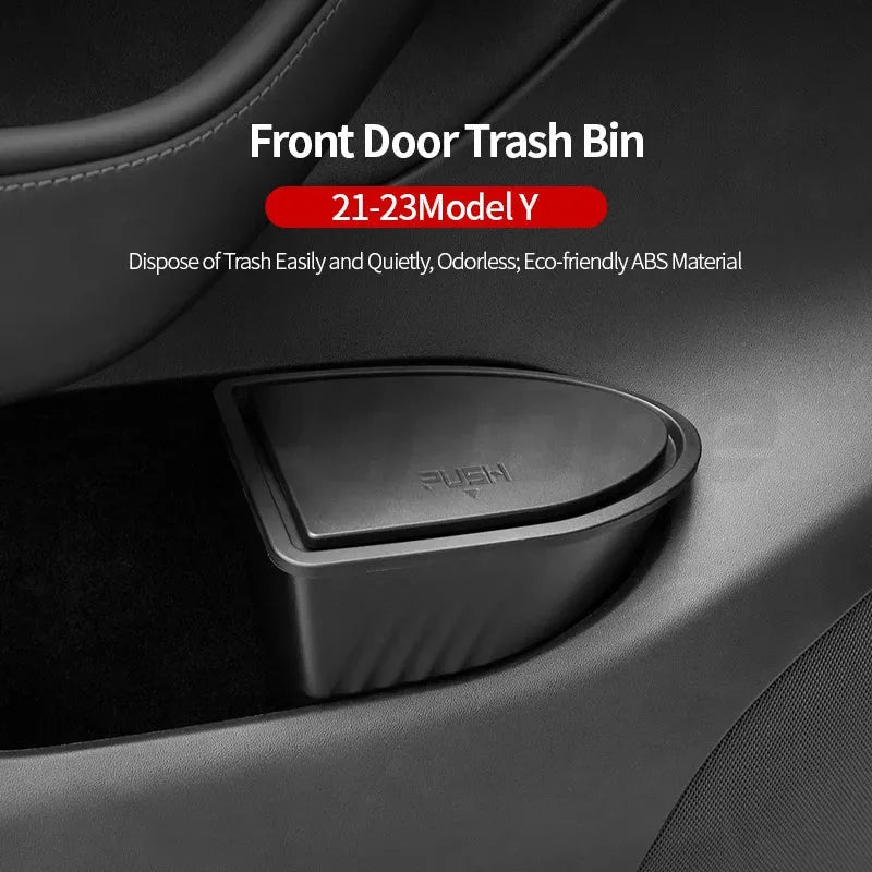 Two black ABS plastic storage boxes designed for Tesla Model Y front door pockets