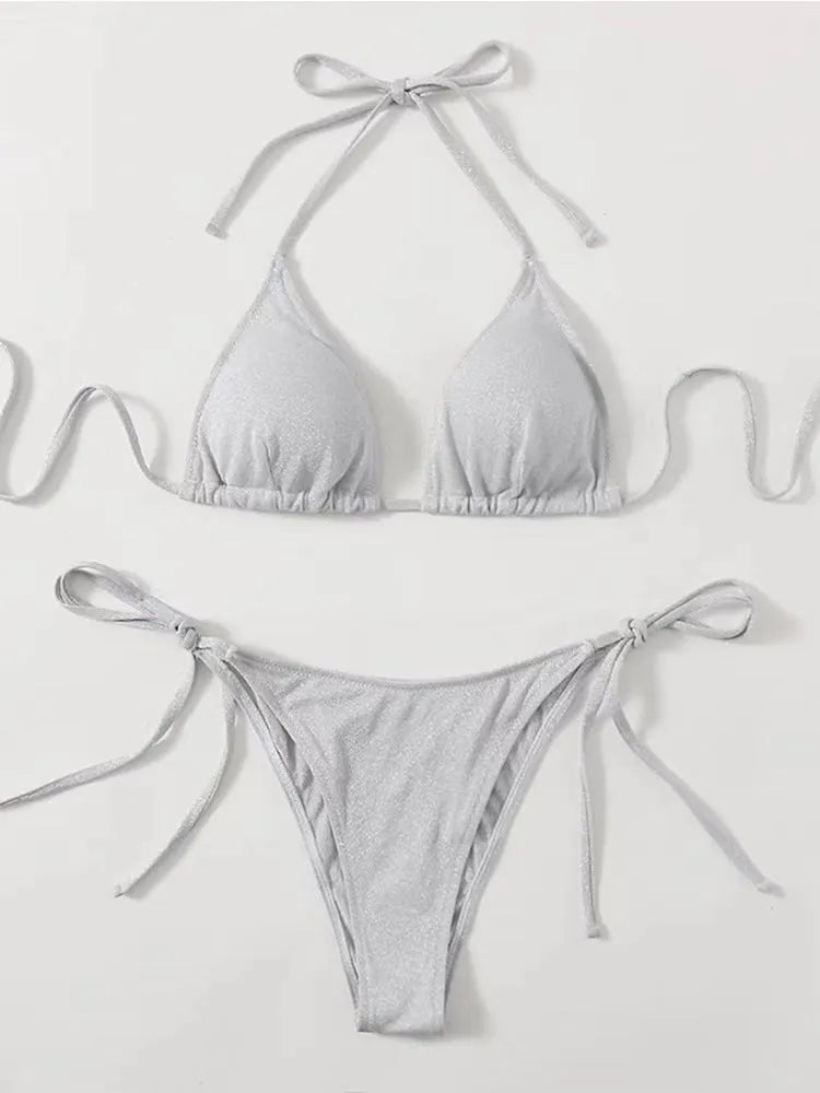 Women's two-piece bandage bikini swimsuit in polyester, shown in one of six colour options.