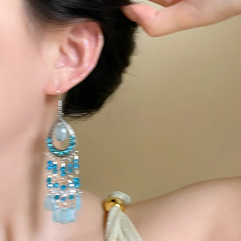 Water drop glass tassel earrings with diamond-embedded treatment, light luxury high-grade style, five colour options