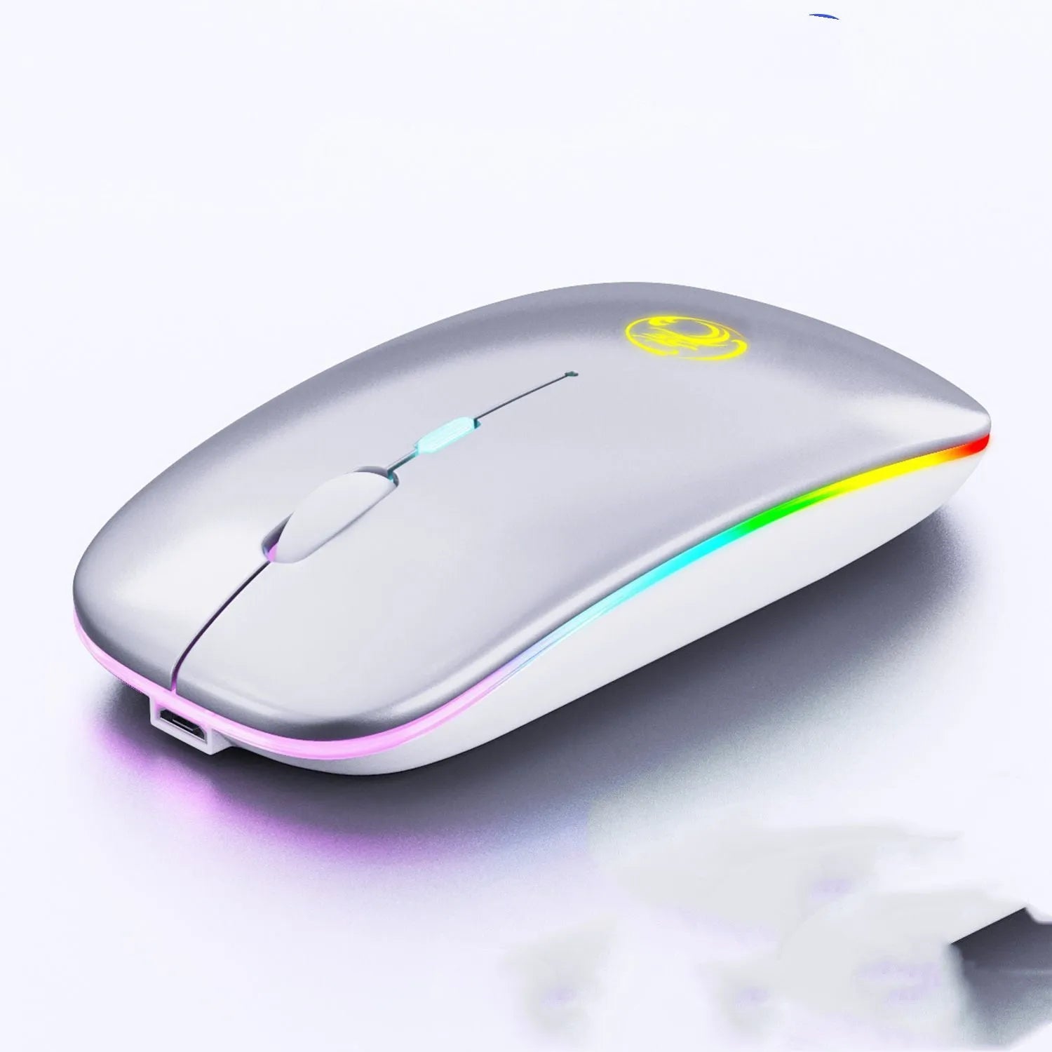 White luminous wireless mouse with glowing blue scroll wheel on a wooden desk