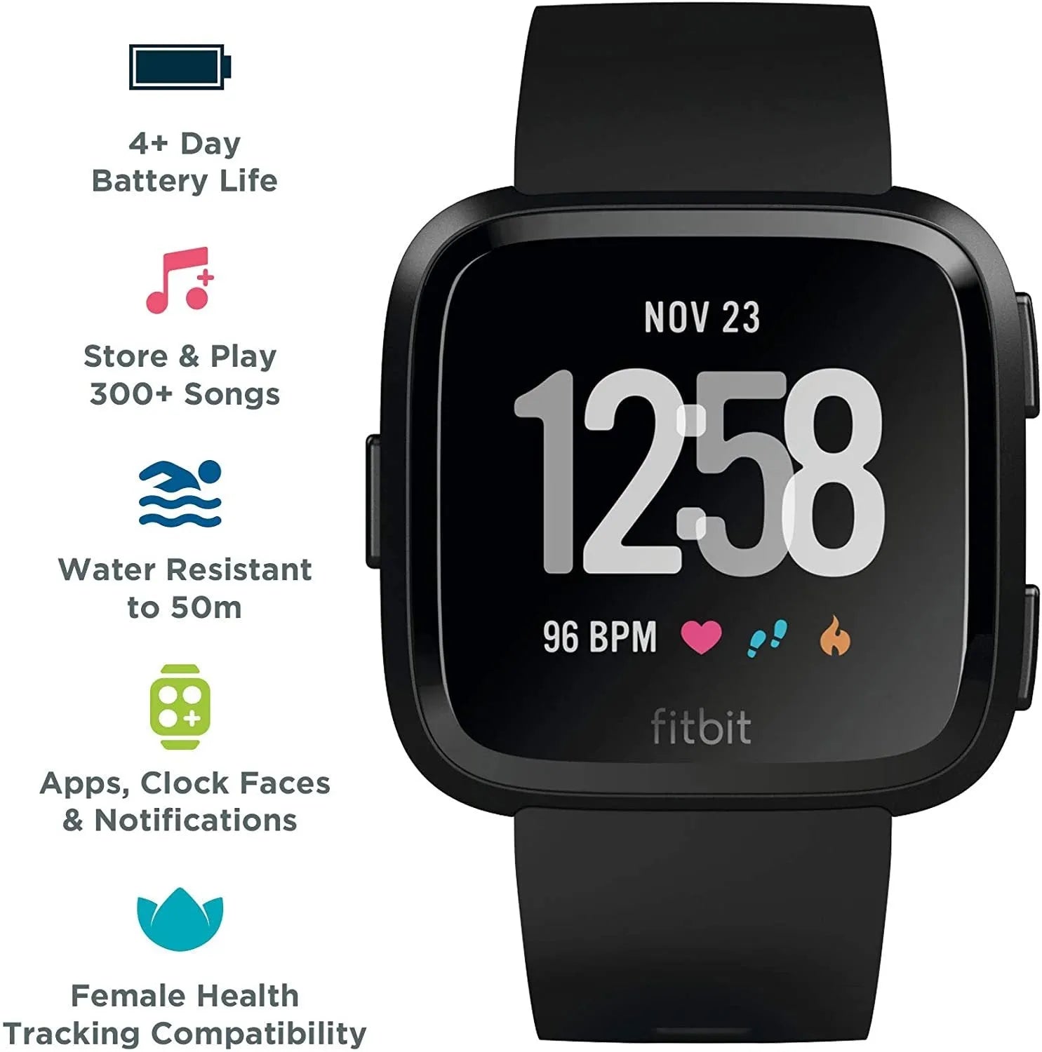 Black smart watch with heart rate monitoring and sleep tracking on a wrist, showing the 1.4-inch screen display