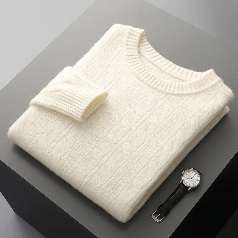 Men's double-strand thickened jacquard knitted sweater in raw velvet camel, loose fit pullover with long sleeves and textured knit pattern.
