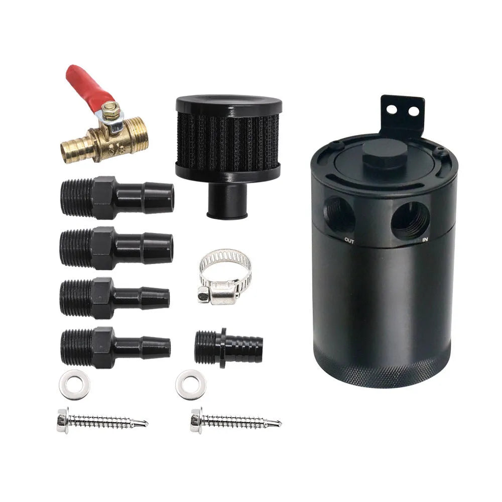 Aluminium automotive oil pot in black or silver with two-hole mounting and optional drain valve
