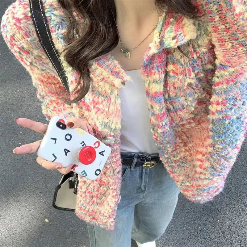 Retro rainbow knitted cardigan in pink and green ice cream colours, slim fit.