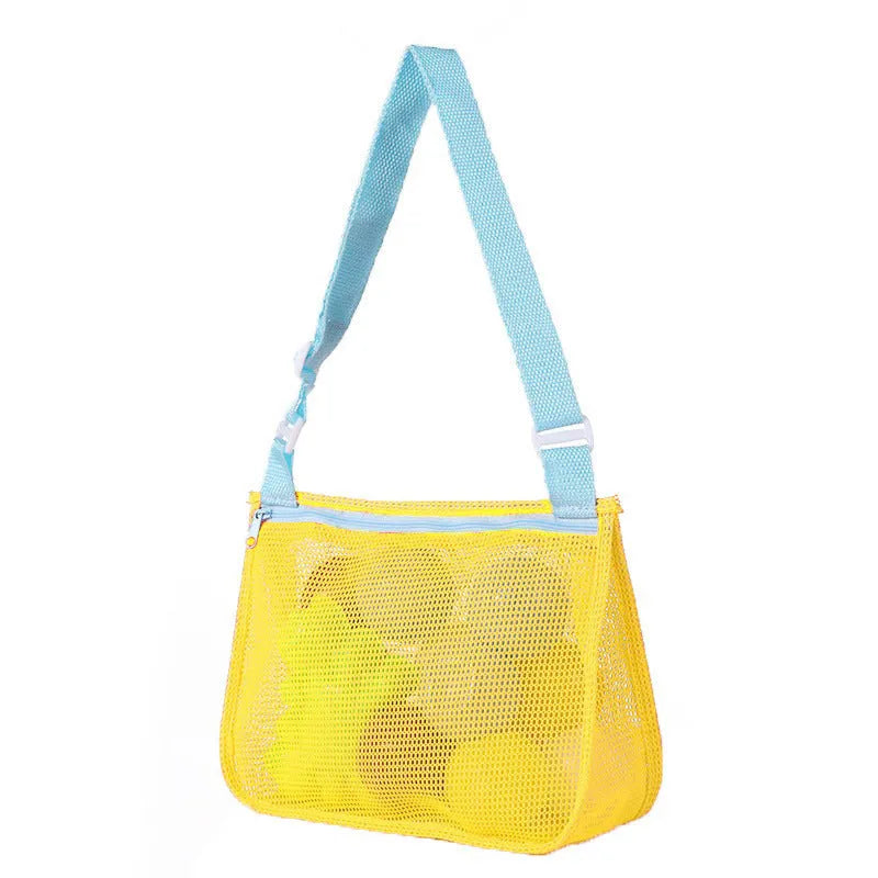 Blue nylon mesh travel storage bag with black handle and zip seal for children's clothing organisation