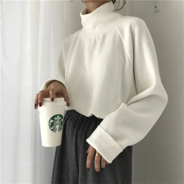 Women's solid colour half-high collar long sleeve loose top in apricot