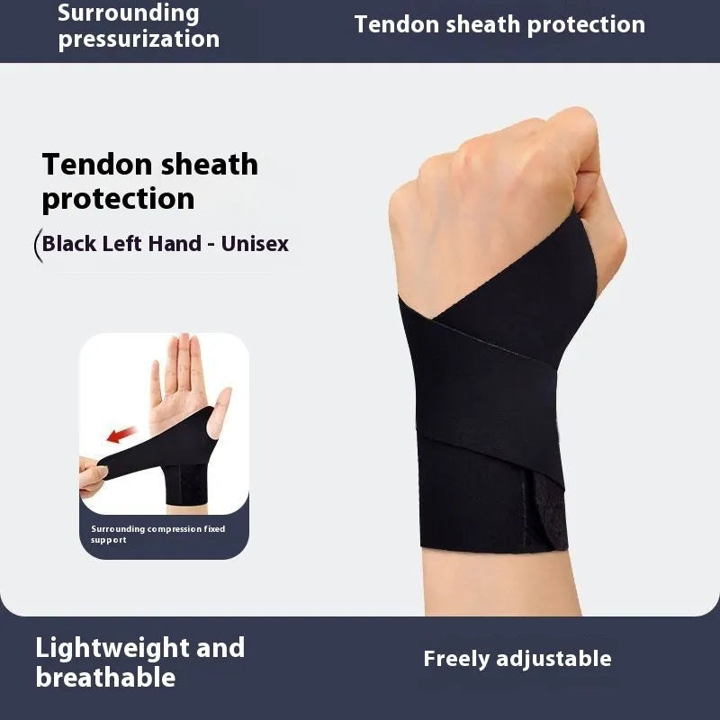 Adjustable athletic wristguard in black, shown on a wrist during activity.