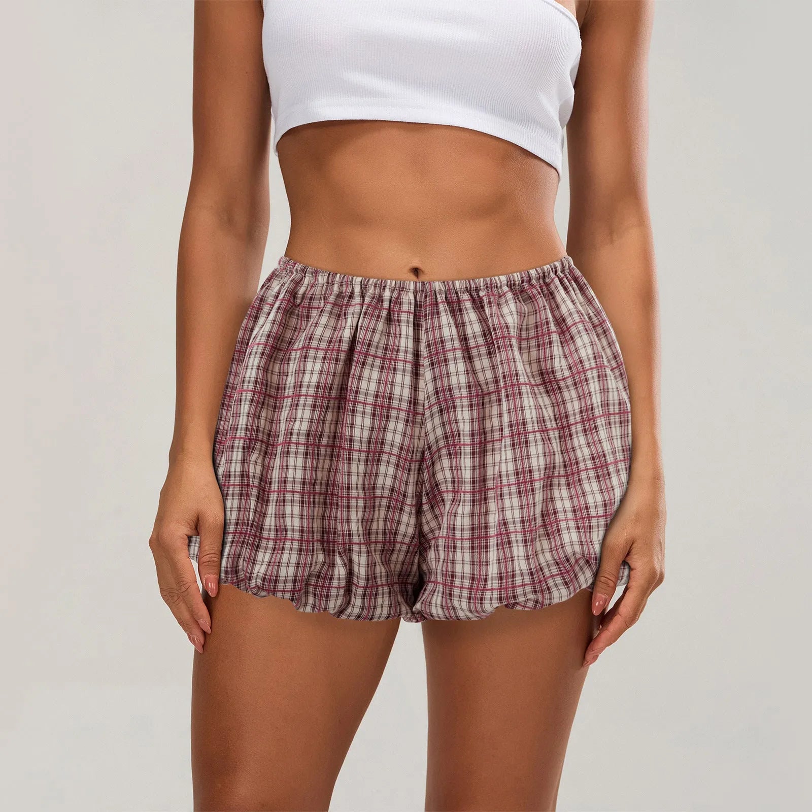 Women's casual plaid polyester bloomers shorts with elastic waist in dark khaki colour