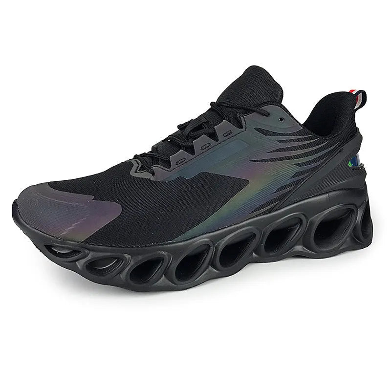 Breathable low-top lace-up casual trainers in black, white, and dark blue colours on a white background.