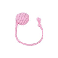 Cat toy ball with rope attachment and bell inside, shown in green, pink, purple, and yellow colour options
