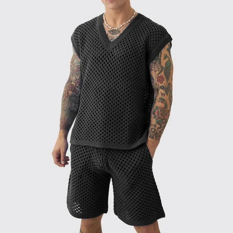 Men's blue V-neck sleeveless vest and matching shorts summer sports suit