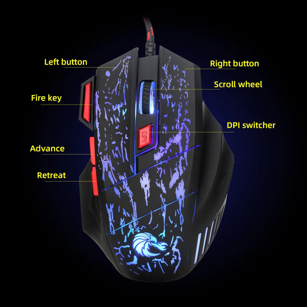 Black wired gaming mouse with colourful luminous lighting effects on desktop