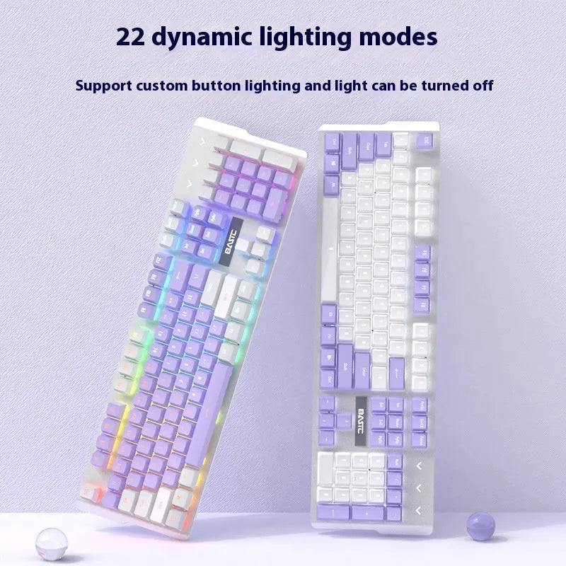 Purple and white mechanical keyboard and mouse set with backlit keys