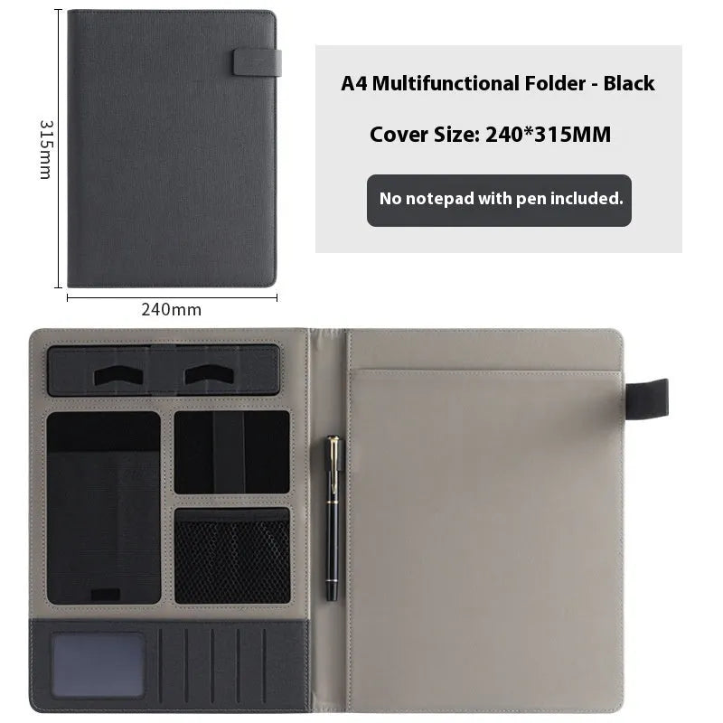 Black leather A4 business folder open, showing interior document space, pen loop, and optional notepad.
